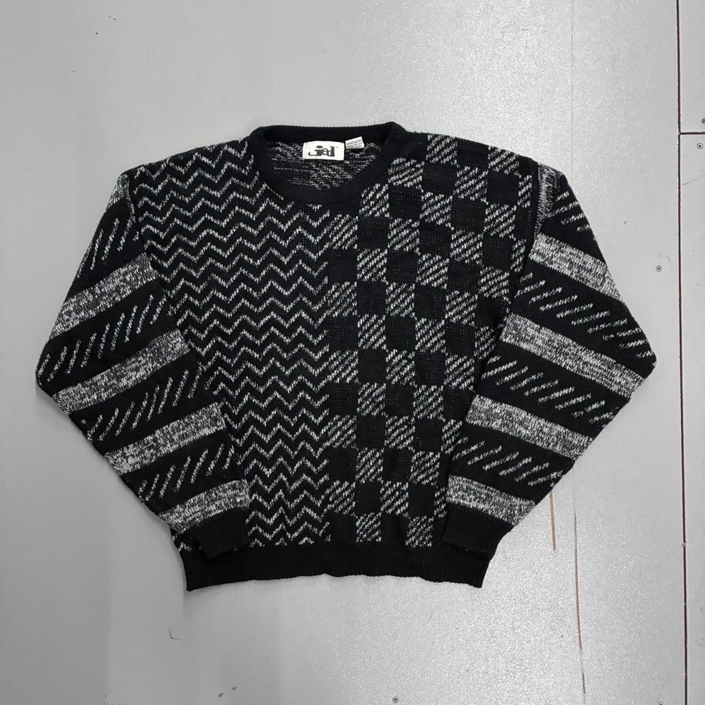 Vintage 90s Jed Mens Black White Patterned Knit Sweater Large Geometric Crewneck